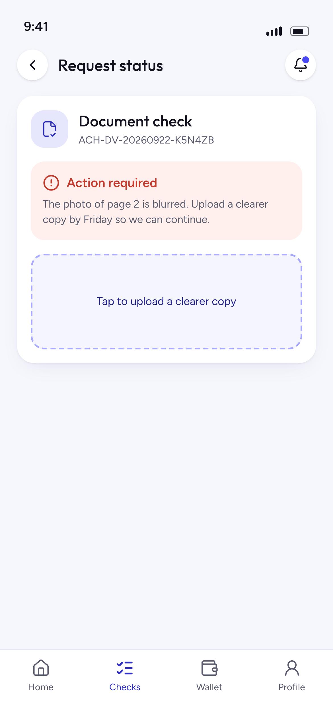 Document check asking for a clearer upload