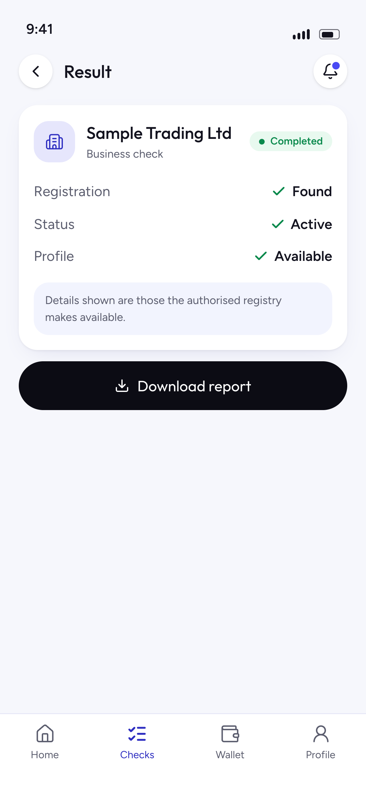 Business check result for a sample company