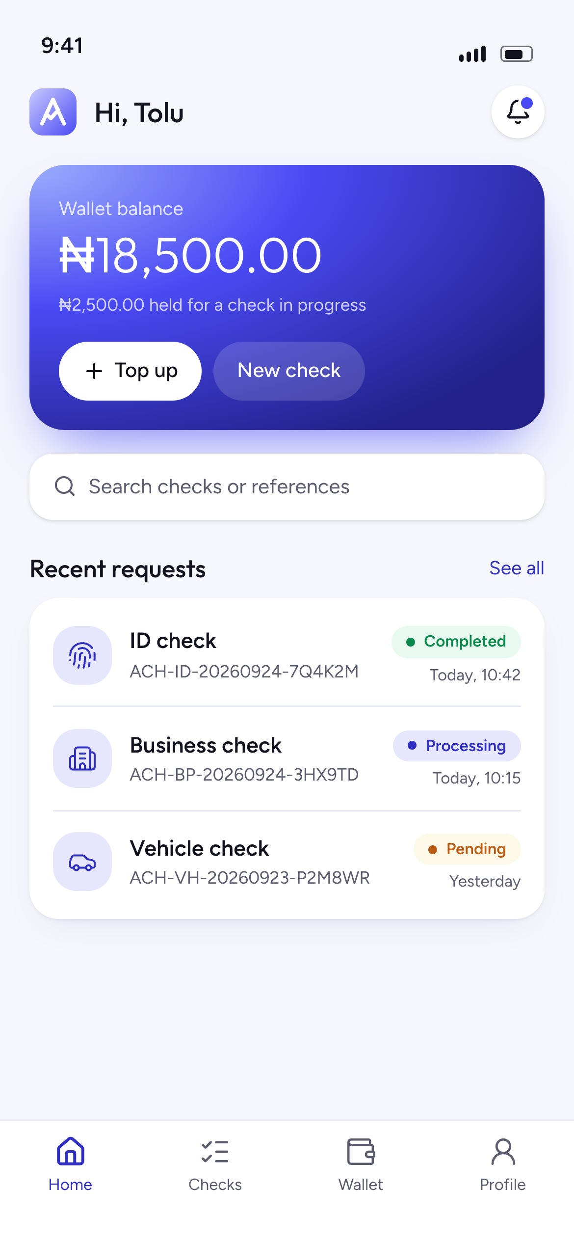 Achievers app home screen with wallet balance and recent requests