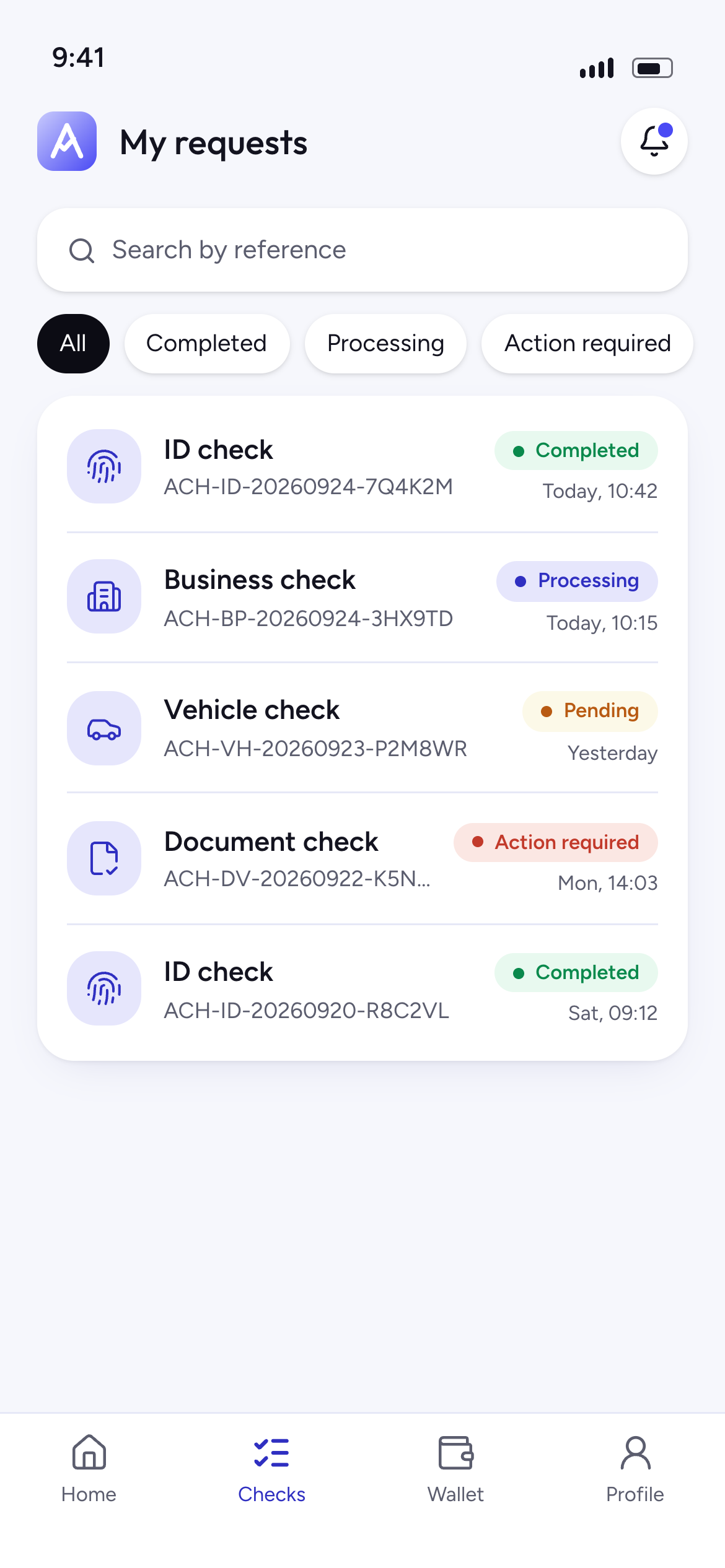 My requests list with Completed, Processing, Pending and Action required labels