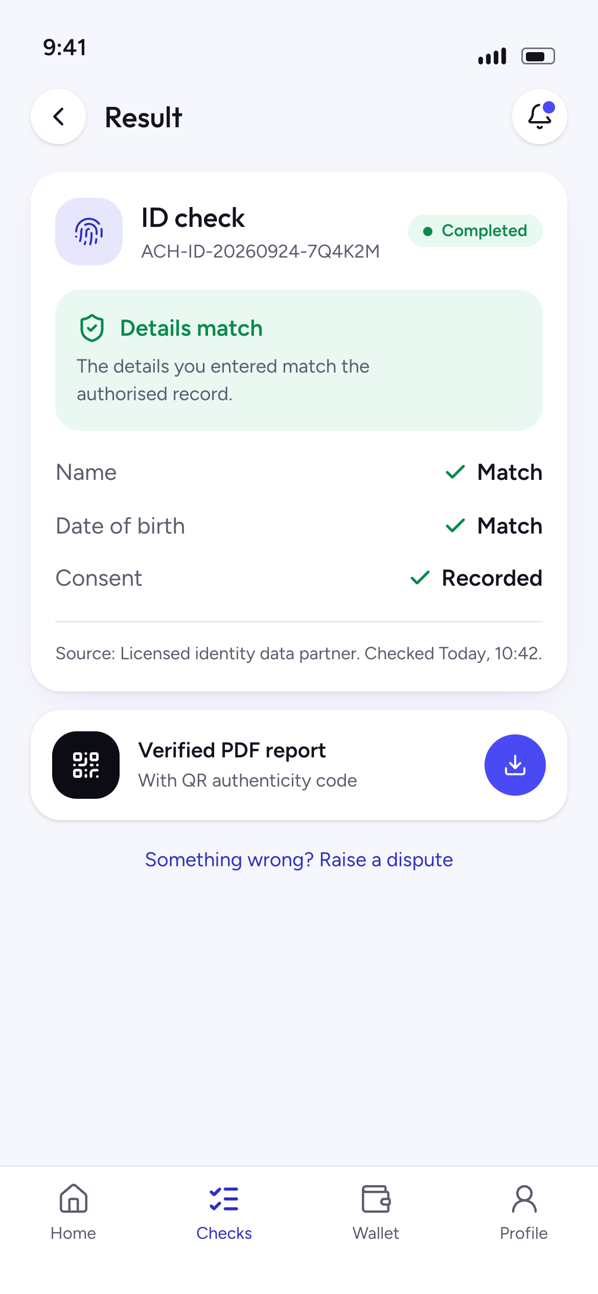 ID check result showing a match, with a report