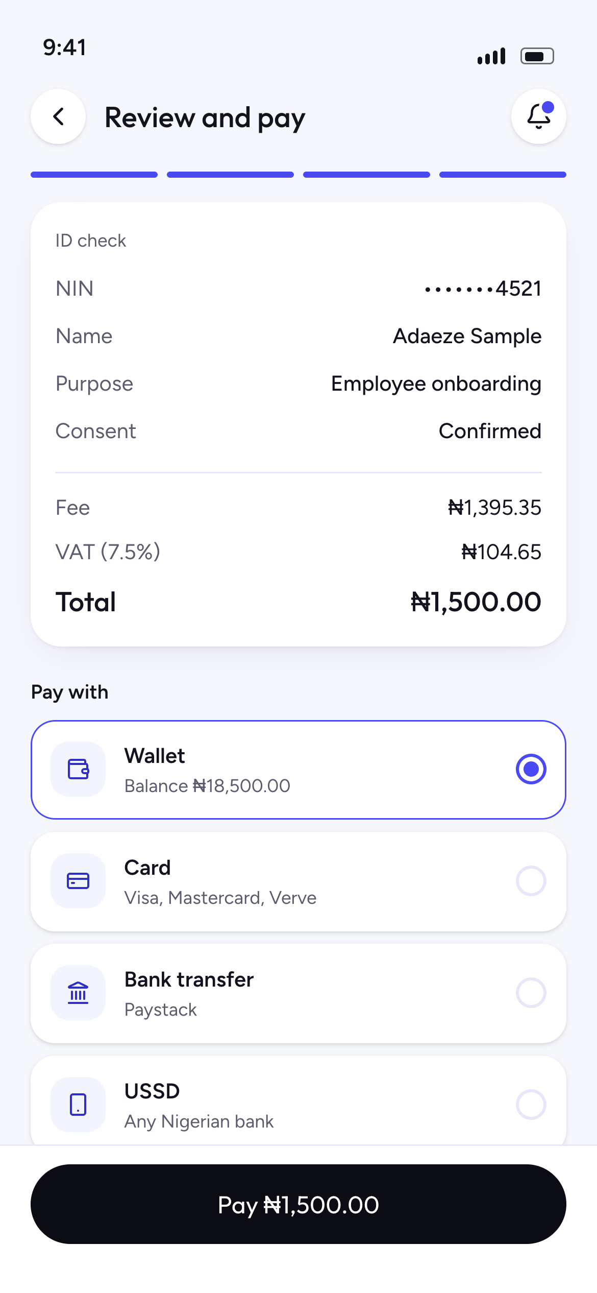 Review screen showing masked inputs, fee, VAT and payment options