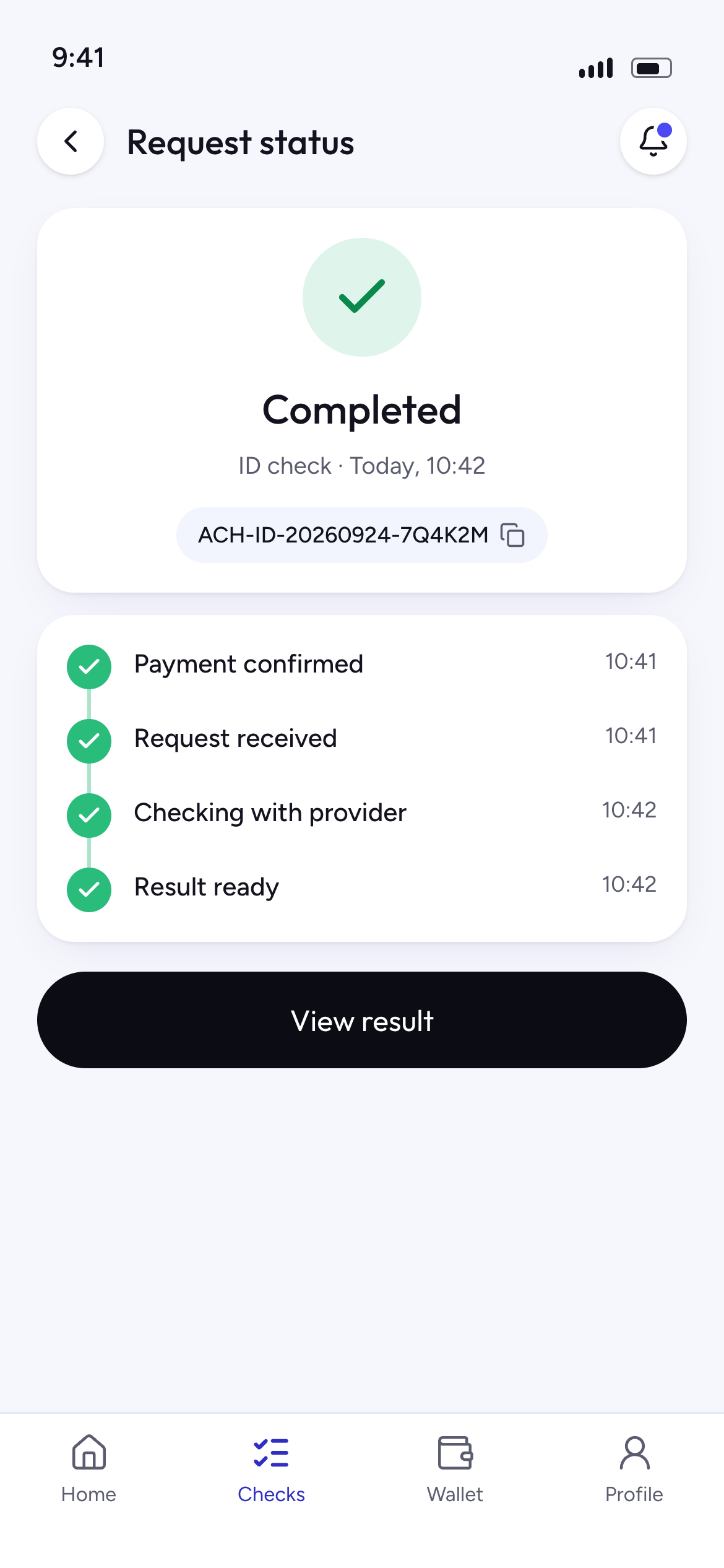 Request status showing a completed ID check and its timeline