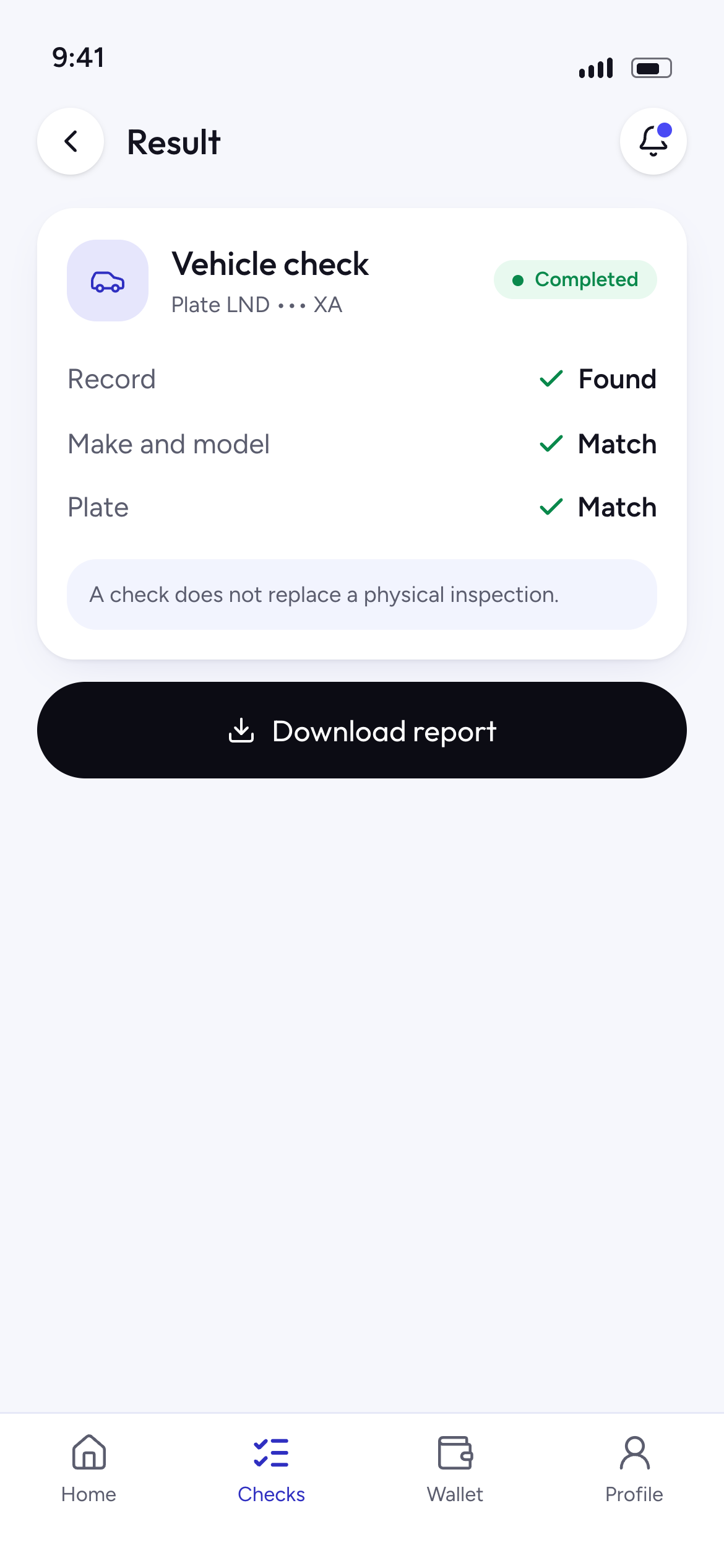 Vehicle check result with record, make and plate matched